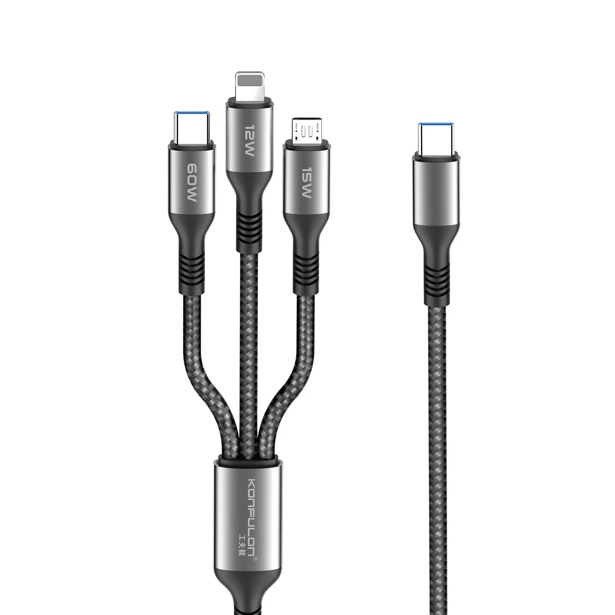 Konfulon DC62 3in1 Type-C to 60W Type-C / 12W Lightning / 15W Micro 1.2M Hızlı Şarj Kablo - Siyah