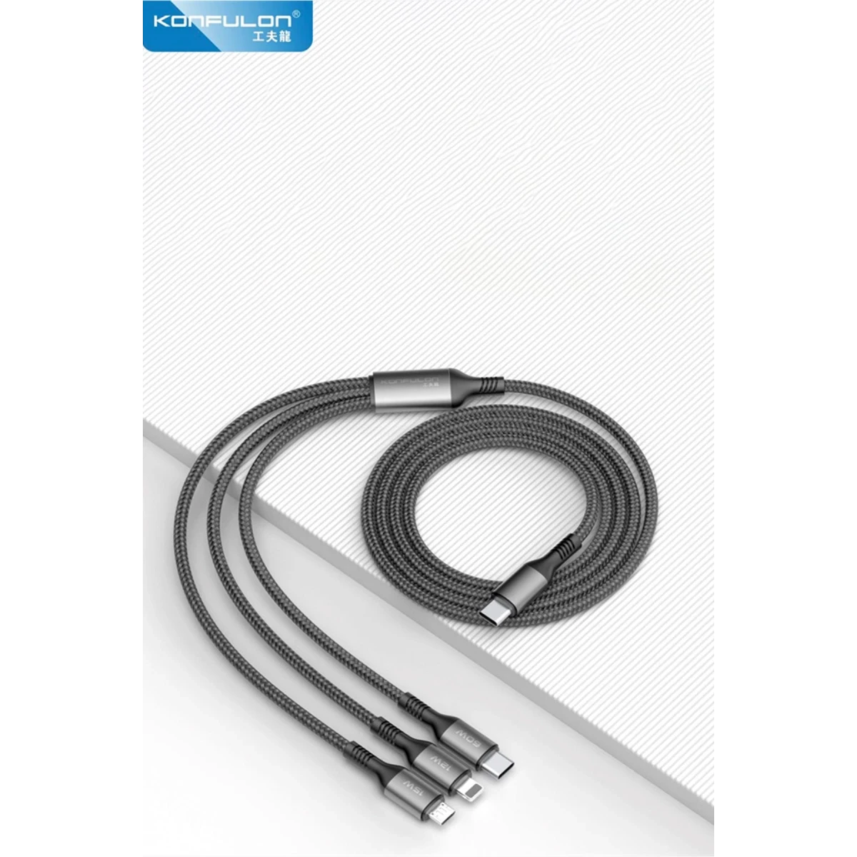 Konfulon DC62 3in1 Type-C to 60W Type-C / 12W Lightning / 15W Micro 1.2M Hızlı Şarj Kablo - Siyah