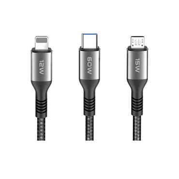 Konfulon DC62 3in1 Type-C to 60W Type-C / 12W Lightning / 15W Micro 1.2M Hızlı Şarj Kablo - Siyah