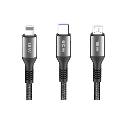 Konfulon DC62 3in1 Type-C to 60W Type-C / 12W Lightning / 15W Micro 1.2M Hızlı Şarj Kablo - Siyah