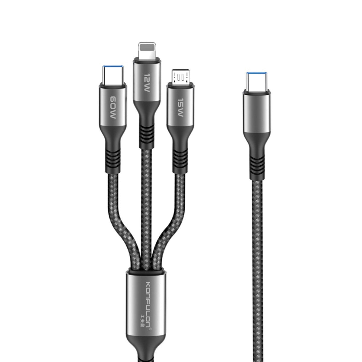 Konfulon DC62 3in1 Type-C to 60W Type-C / 12W Lightning / 15W Micro 1.2M Hızlı Şarj Kablo