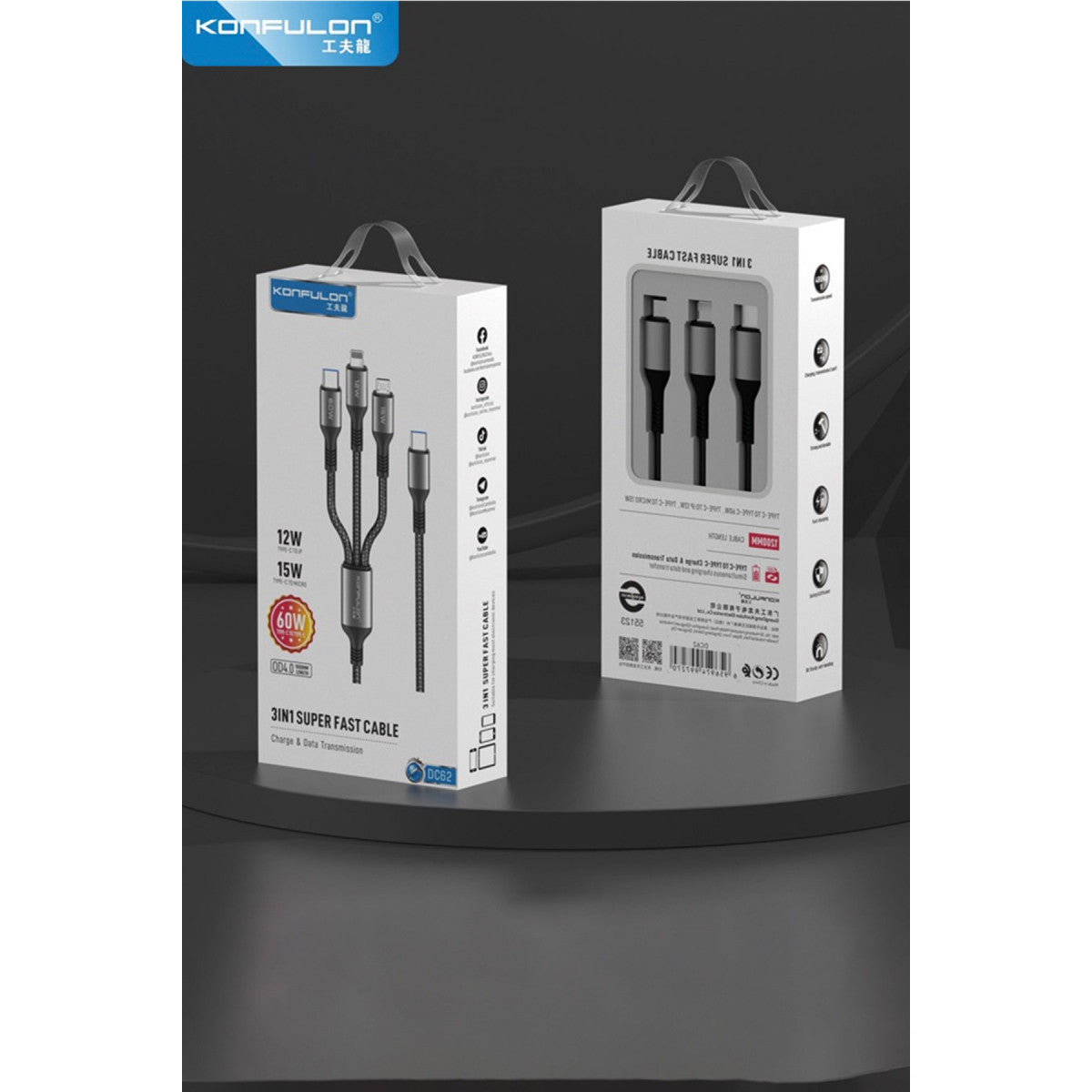 Konfulon DC62 3in1 Type-C to 60W Type-C / 12W Lightning / 15W Micro 1.2M Hızlı Şarj Kablo