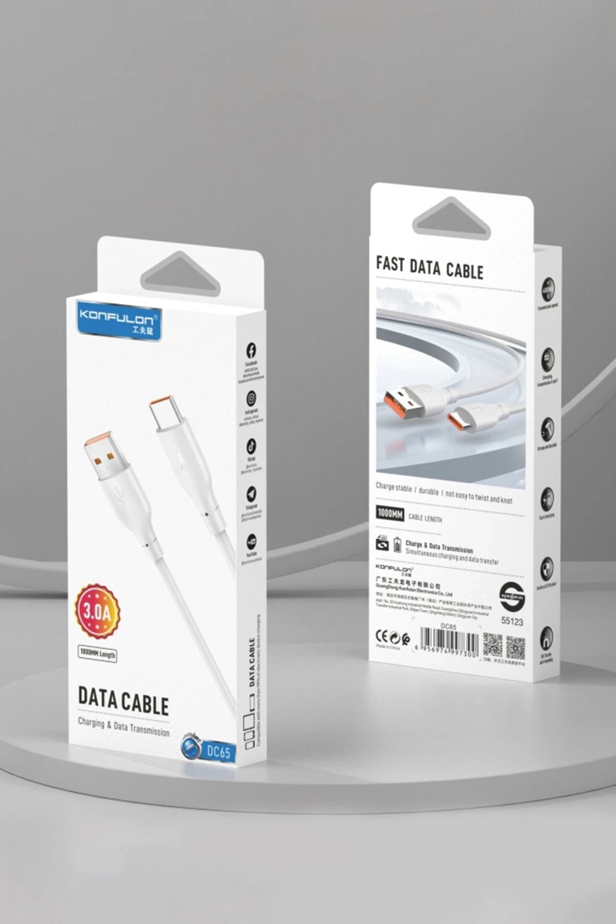 Konfulon DC65 USB to Type-C 1M 3.0A Hızlı Şarj Kablo - Beyaz