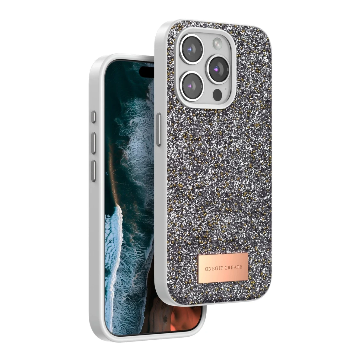Onegif Apple iPhone 15 Pro Max Bright Simli Kapak - Gümüş