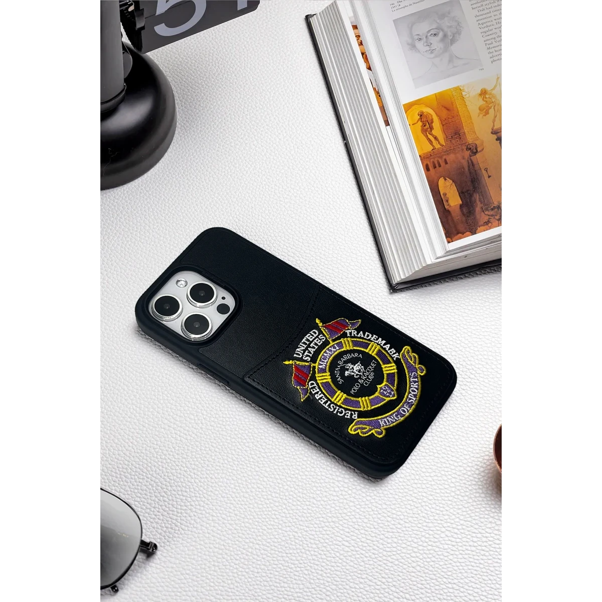 Santa Barbara Polo Racquet Club Apple iPhone 15 Pro Max Abner İçi Süet Nakış Desenli Kartvizitli Kılıf - Siyah