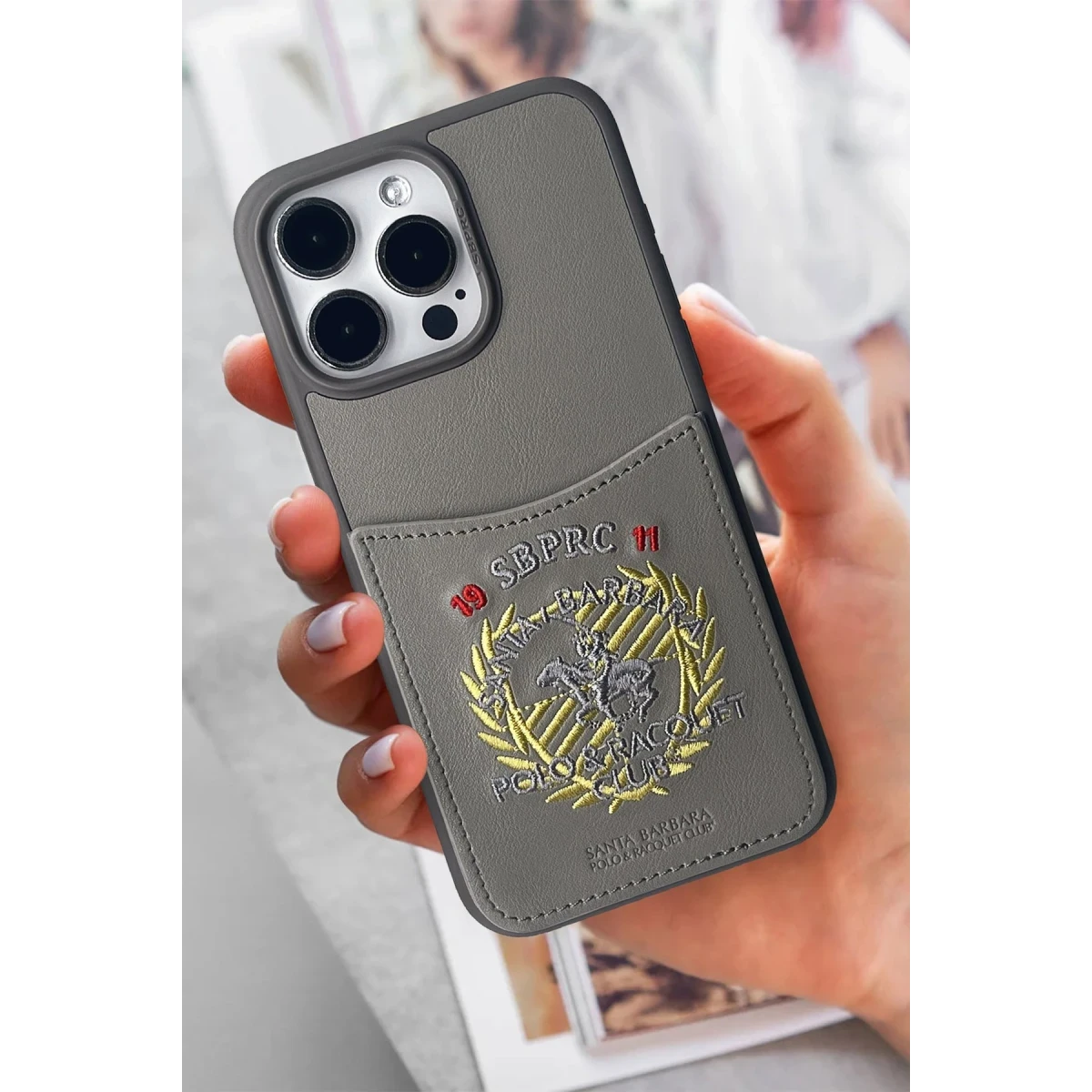 Santa Barbara Polo Racquet Club Apple iPhone 15 Pro Max Abner İçi Süet Nakış Desenli Kartvizitli Kılıf - Titan Gri