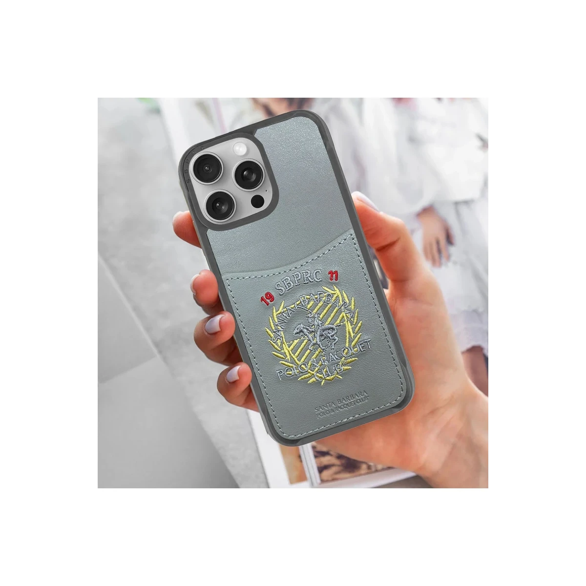 Santa Barbara Polo Racquet Club Apple iPhone 16 Pro Abner İçi Süet Nakış Desenli Kartvizitli Kılıf - Titan Gri