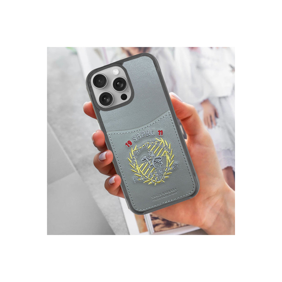 Santa Barbara Polo Racquet Club Apple iPhone 16 Pro Max Abner İçi Süet Nakış Desenli Kartvizitli Kılıf
