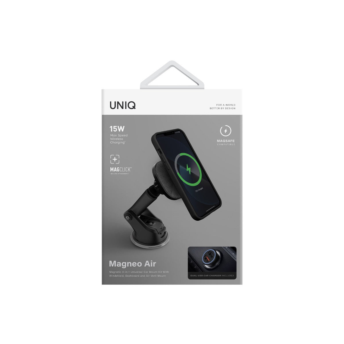 Uniq Magneo Yapışkanlı Manyetik 15W Kablosuz Şarjlı 360 Dönen Araç Tutucu