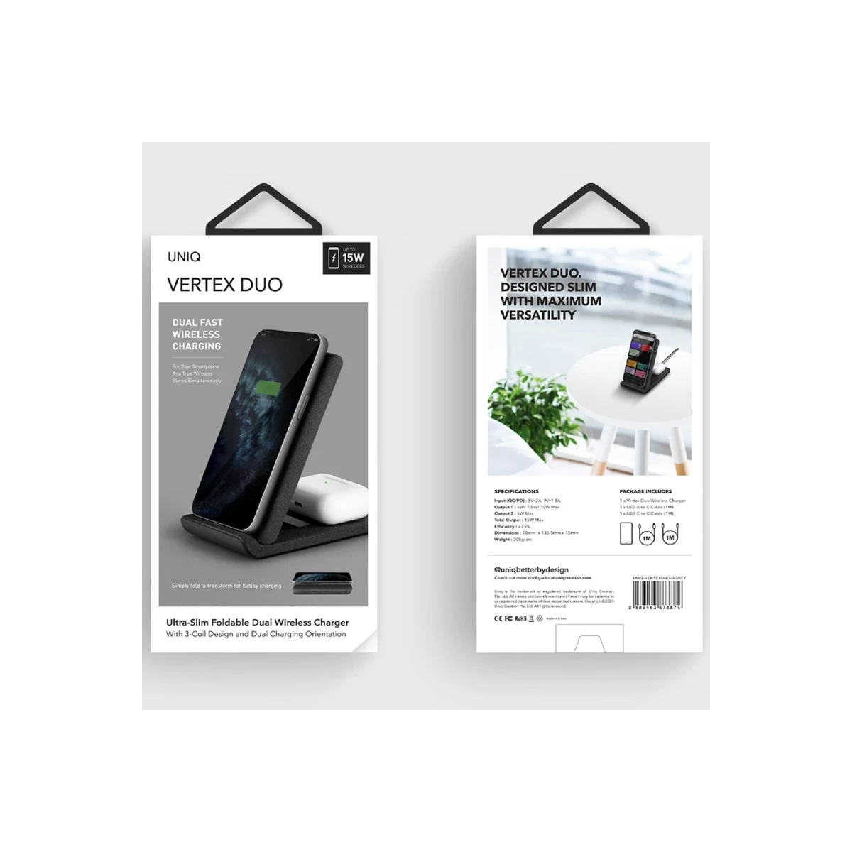 Uniq Vertex Duo 2in1 Magsafe 15W Hızlı Kablosuz Şarj - Siyah