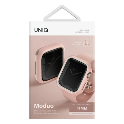 Uniq Apple Watch 41mm Moduo Camlı Kasa Ekran Koruyucu - Pembe-Beyaz