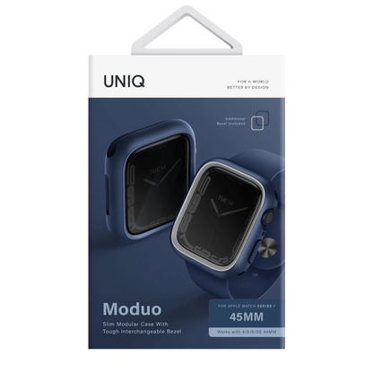 Uniq Apple Watch 45mm Moduo Camlı Kasa Ekran Koruyucu - Lacivert-Gri