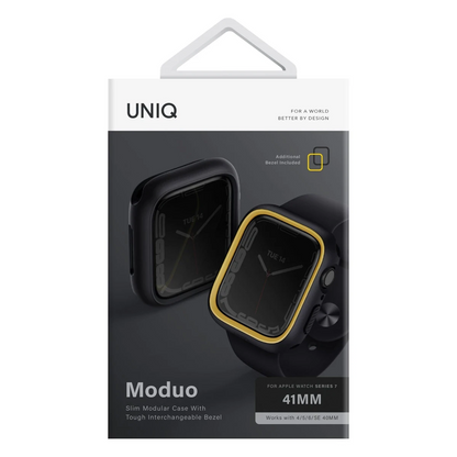Uniq Apple Watch 45mm Moduo Camlı Kasa Ekran Koruyucu - Siyah-Sarı