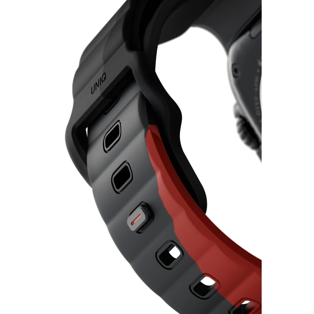 Uniq Apple Watch Ultra 49mm Stride Rubber FKM Designer Edition Silikon Kordon - Siyah-Kırmızı