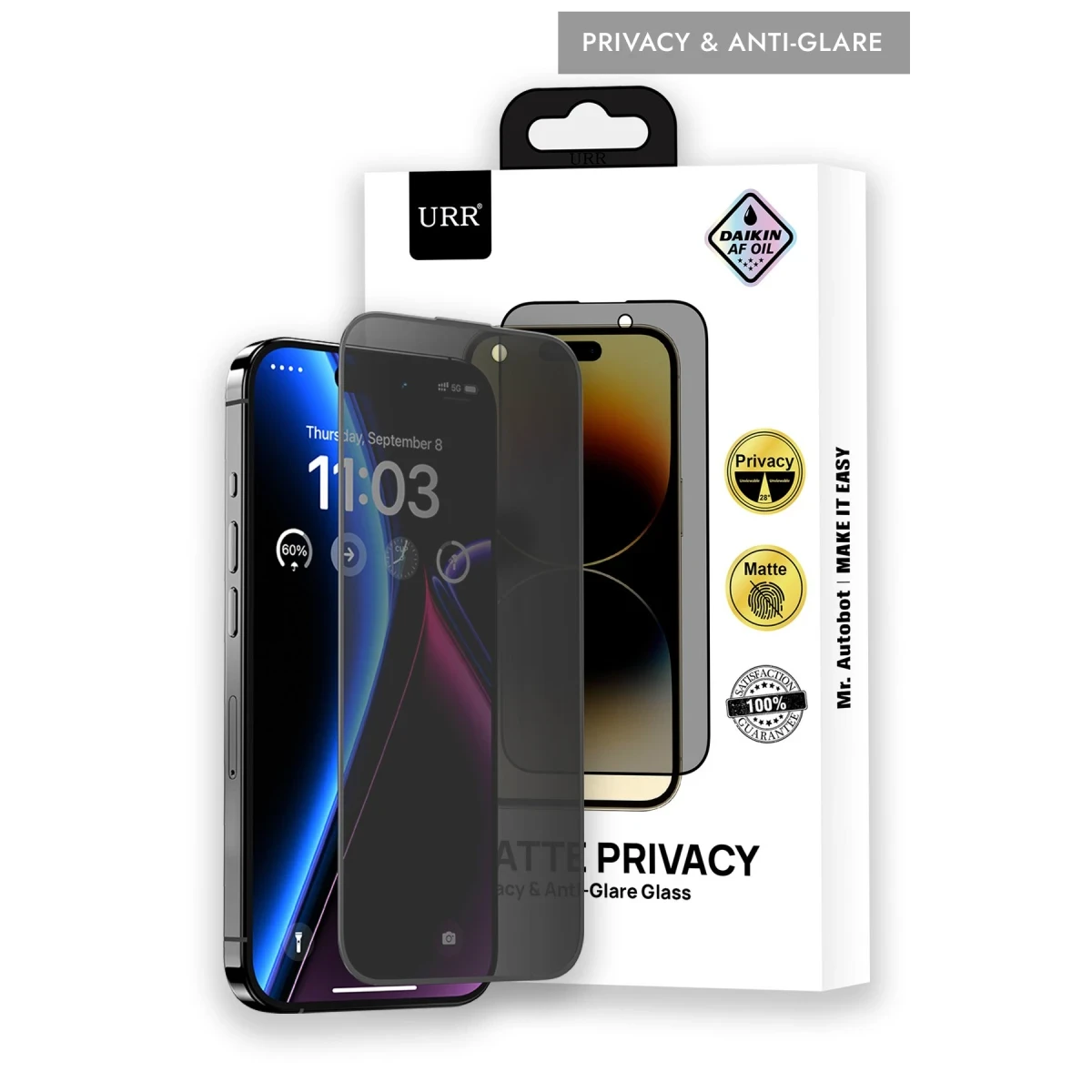 URR Apple iPhone 14 Pro Matte Privacy Cam Ekran Koruyucu - Siyah