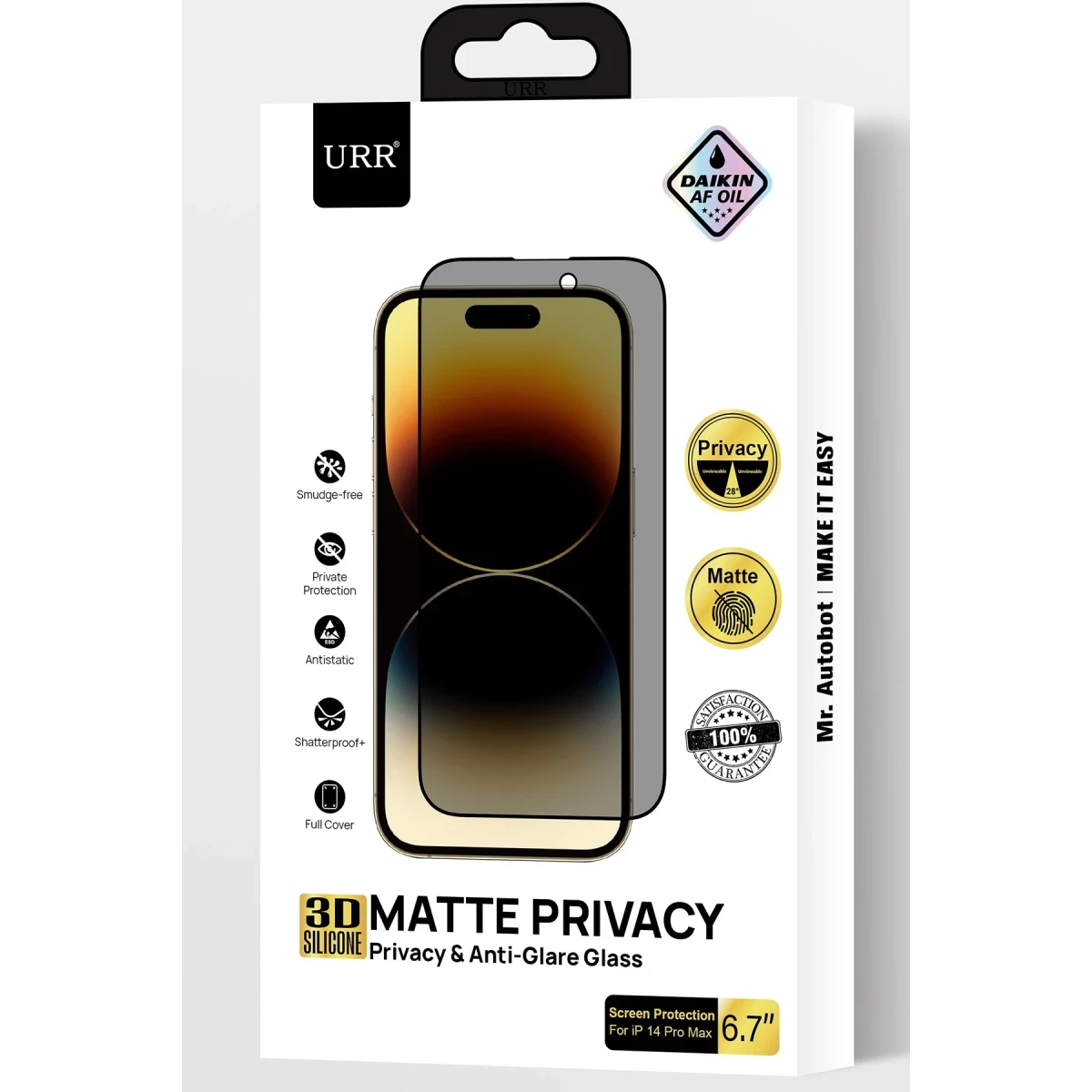 URR Apple iPhone 15 Pro 3D Matte Privacy Resin Edge Cam Ekran Koruyucu - Siyah