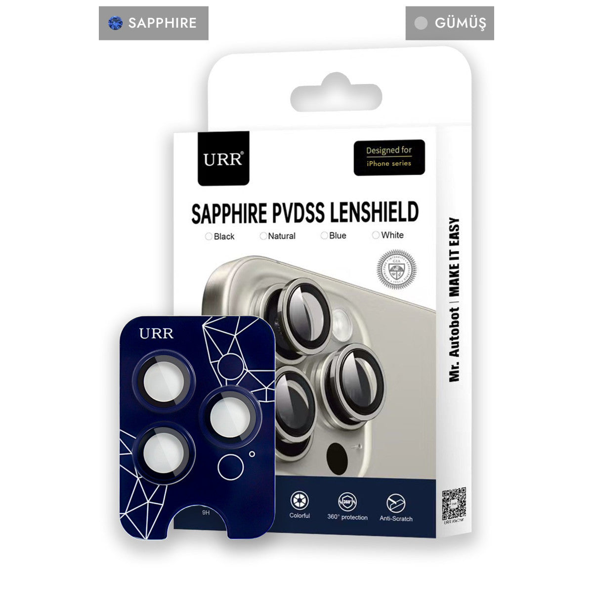 URR Apple iPhone 15 Pro Max Sapphire PVDSS Kamera Lens Koruyucu