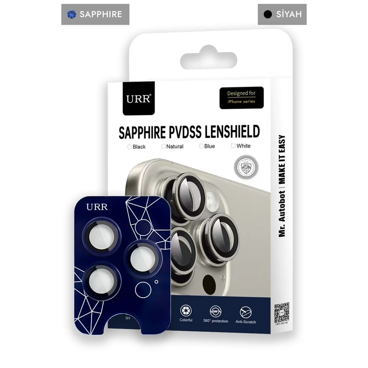 URR Apple iPhone 15 Pro Max Sapphire PVDSS Kamera Lens Koruyucu - Siyah