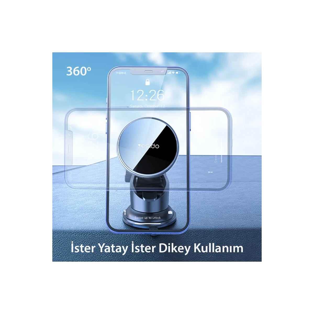 Yesido C132 15W Kablosuz Şarjlı Mıknatıslı Vantuzlu Ayarlanabilir Magsafe Araç Tutucu - Siyah