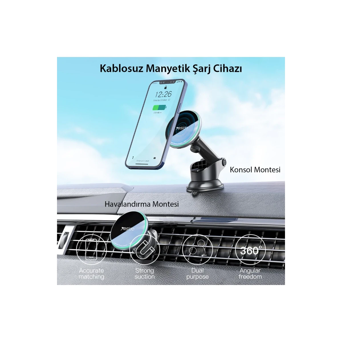 Yesido C132 15W Kablosuz Şarjlı Mıknatıslı Vantuzlu Ayarlanabilir Magsafe Araç Tutucu - Siyah