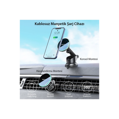 Yesido C132 15W Kablosuz Şarjlı Mıknatıslı Vantuzlu Ayarlanabilir Magsafe Araç Tutucu - Siyah