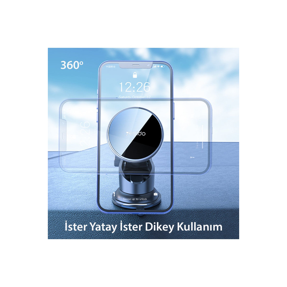 Yesido C132 15W Kablosuz Şarjlı Mıknatıslı Vantuzlu Ayarlanabilir Magsafe Araç Tutucu