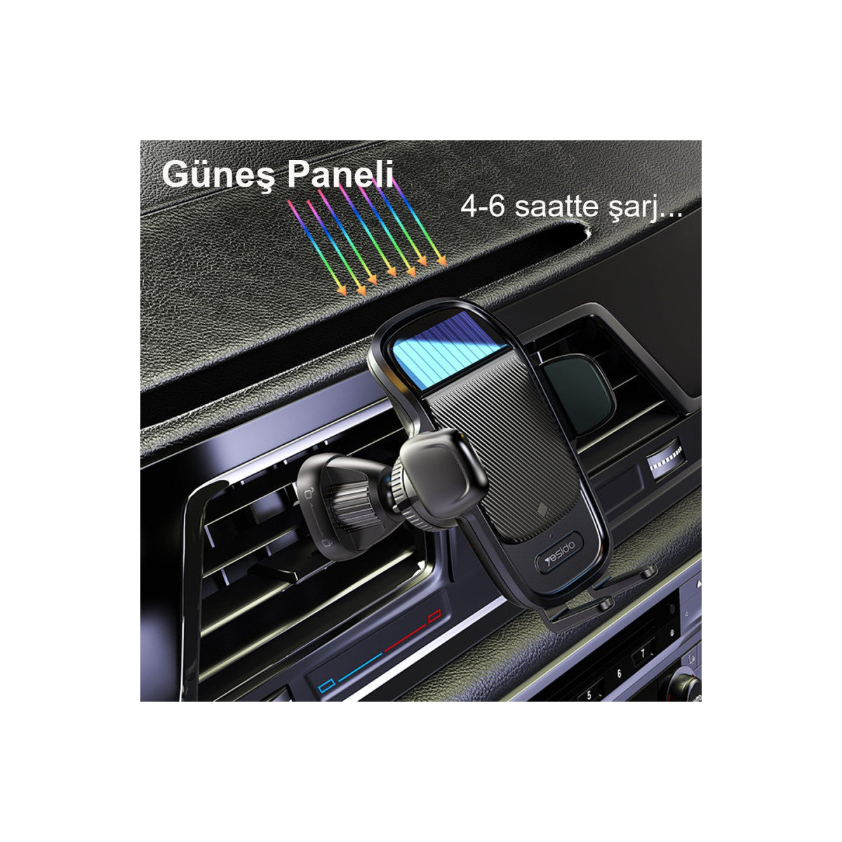 Yesido C164 Izgara Klipsli Güneş Enerji Panelli 110mAh Bataryalı 180 Derece Ayarlanabilir Kablosuz Şarjlı Araç Tutucu