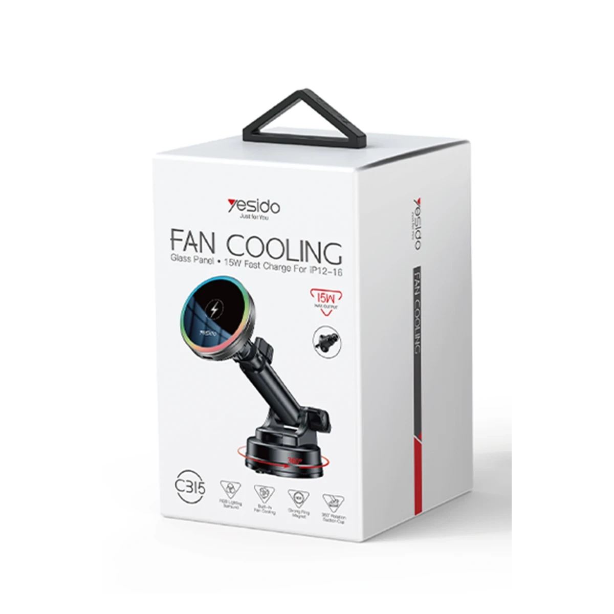 Yesido C315 2in1 Izgara Klipsli ve Vantuzlu 360 Derece Ayarlanabilir RGB Işıklı Cam Yüzeyli Fan Soğutuculu 15W Kablosuz Şarjlı Araç Tutucu - Siyah