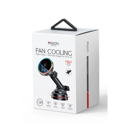 Yesido C315 2in1 Izgara Klipsli ve Vantuzlu 360 Derece Ayarlanabilir RGB Işıklı Cam Yüzeyli Fan Soğutuculu 15W Kablosuz Şarjlı Araç Tutucu - Siyah