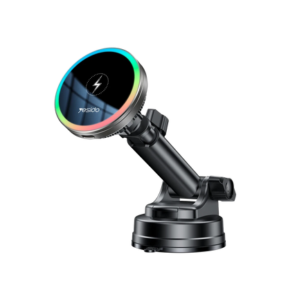 Yesido C315 2in1 Izgara Klipsli ve Vantuzlu 360 Derece Ayarlanabilir RGB Işıklı Cam Yüzeyli Fan Soğutuculu 15W Kablosuz Şarjlı Araç Tutucu - Siyah