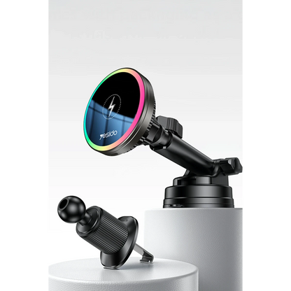 Yesido C315 2in1 Izgara Klipsli ve Vantuzlu 360 Derece Ayarlanabilir RGB Işıklı Cam Yüzeyli Fan Soğutuculu 15W Kablosuz Şarjlı Araç Tutucu - Siyah