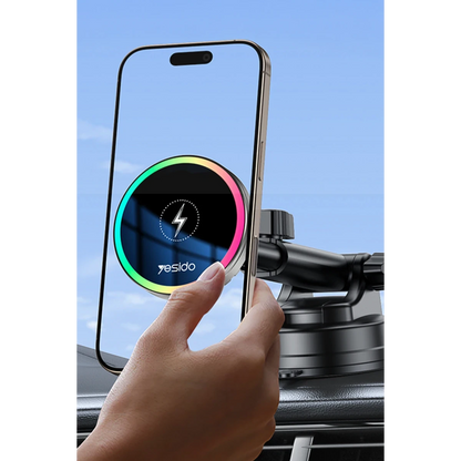 Yesido C315 2in1 Izgara Klipsli ve Vantuzlu 360 Derece Ayarlanabilir RGB Işıklı Cam Yüzeyli Fan Soğutuculu 15W Kablosuz Şarjlı Araç Tutucu - Siyah