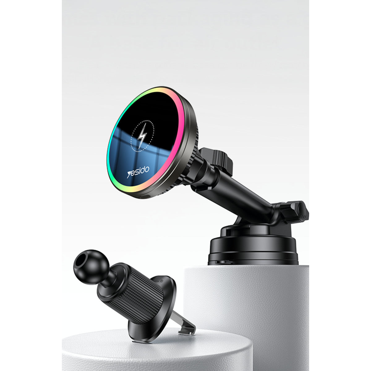 Yesido C315 2in1 Izgara Klipsli ve Vantuzlu 360 Derece Ayarlanabilir RGB Işıklı Cam Yüzeyli Fan Soğutuculu 15W Kablosuz Şarjlı Araç Tutucu