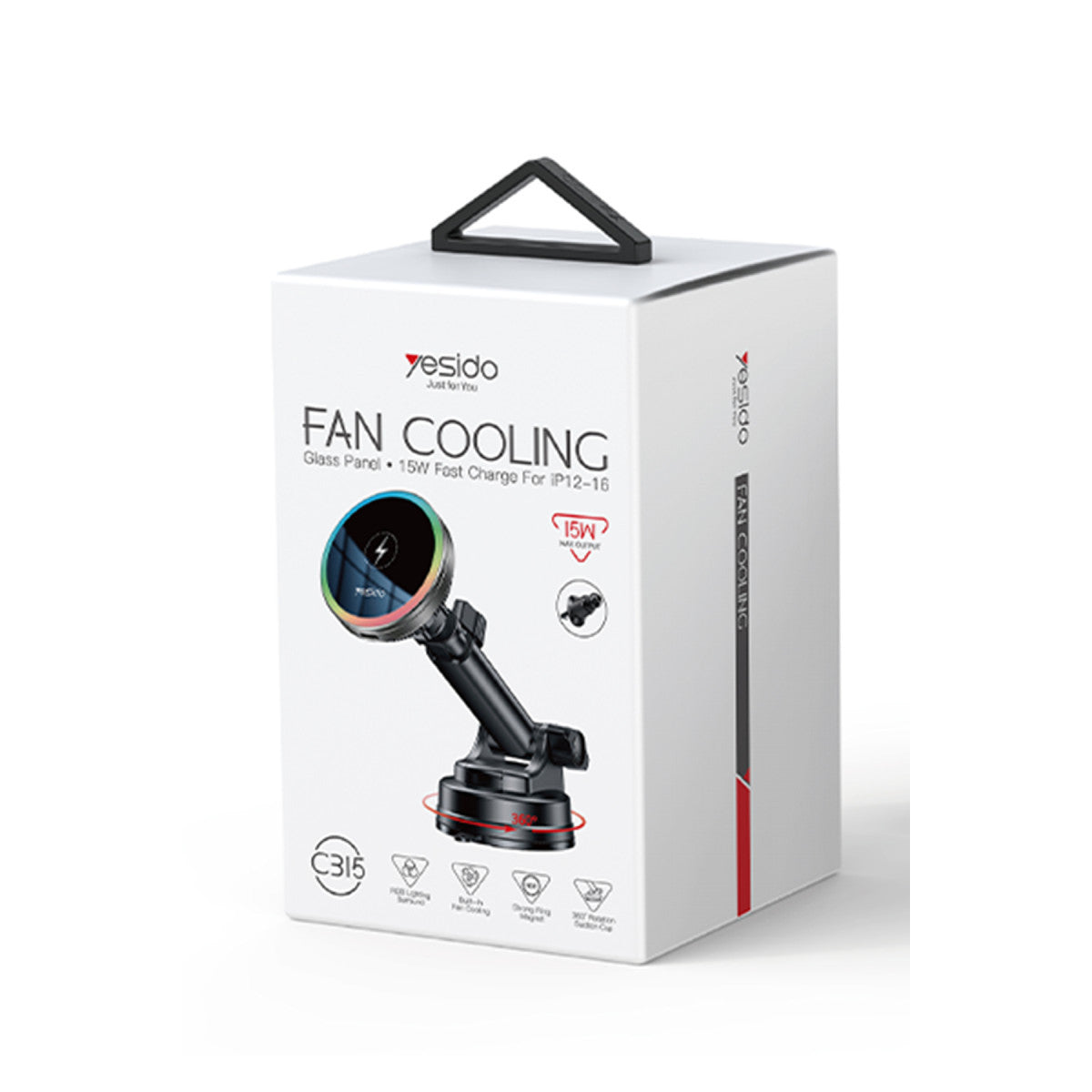 Yesido C315 2in1 Izgara Klipsli ve Vantuzlu 360 Derece Ayarlanabilir RGB Işıklı Cam Yüzeyli Fan Soğutuculu 15W Kablosuz Şarjlı Araç Tutucu