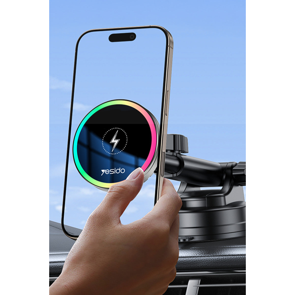 Yesido C315 2in1 Izgara Klipsli ve Vantuzlu 360 Derece Ayarlanabilir RGB Işıklı Cam Yüzeyli Fan Soğutuculu 15W Kablosuz Şarjlı Araç Tutucu