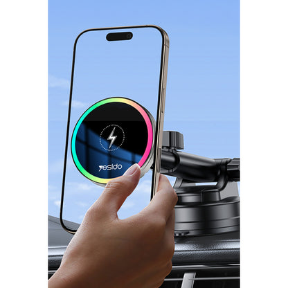 Yesido C315 2in1 Izgara Klipsli ve Vantuzlu 360 Derece Ayarlanabilir RGB Işıklı Cam Yüzeyli Fan Soğutuculu 15W Kablosuz Şarjlı Araç Tutucu