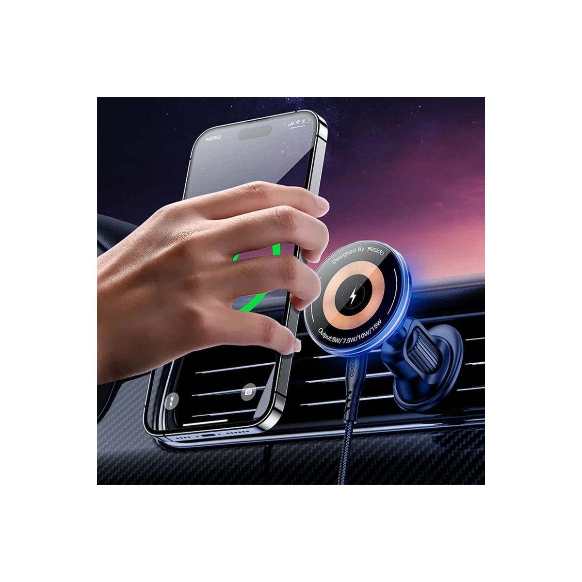 Yesido C308 Izgara Klipsli Cam Yüzeyli 15W Kablosuz Şarjlı Magsafe Araç Tutucu - Siyah