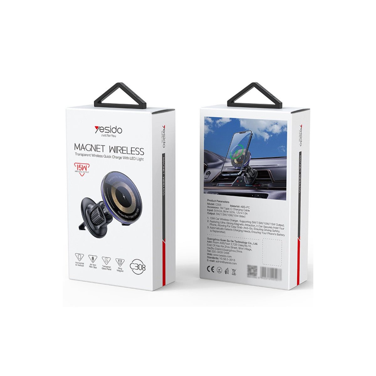 Yesido C308 Izgara Klipsli Cam Yüzeyli 15W Kablosuz Şarjlı Magsafe Araç Tutucu
