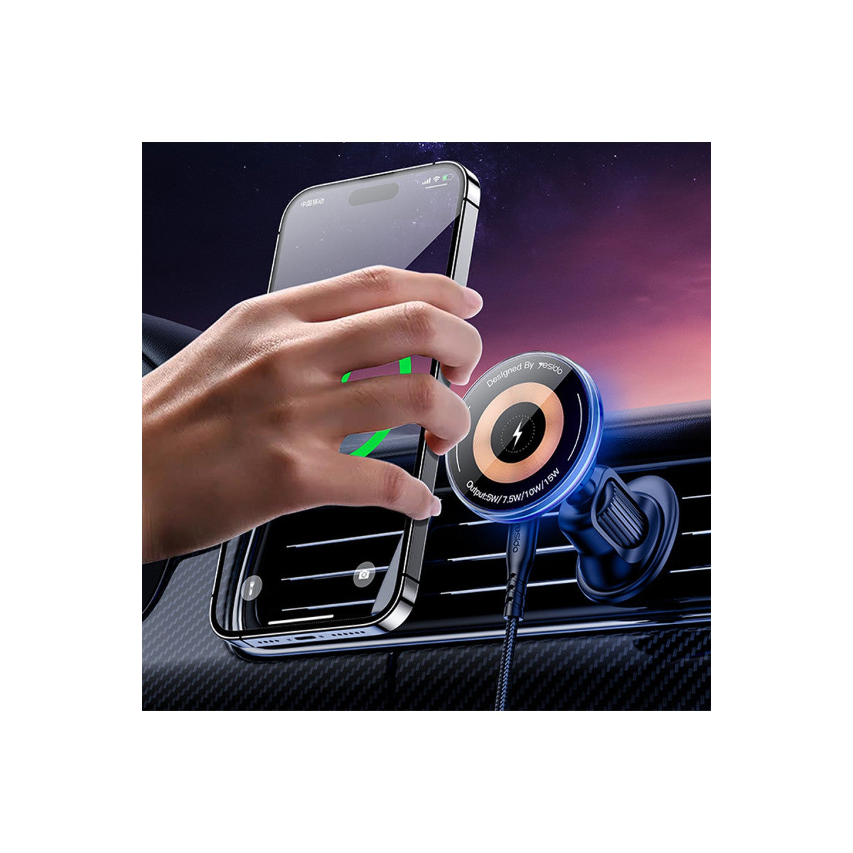 Yesido C308 Izgara Klipsli Cam Yüzeyli 15W Kablosuz Şarjlı Magsafe Araç Tutucu