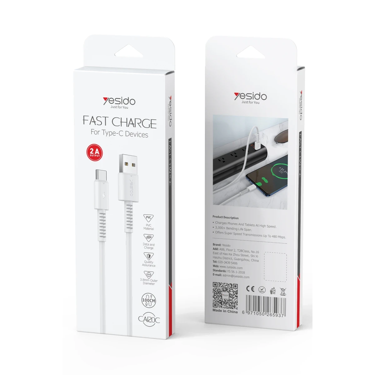 Yesido CA120 TC 1M 18W USB to Type-C QC Hızlı Şarj Kablosu - Beyaz