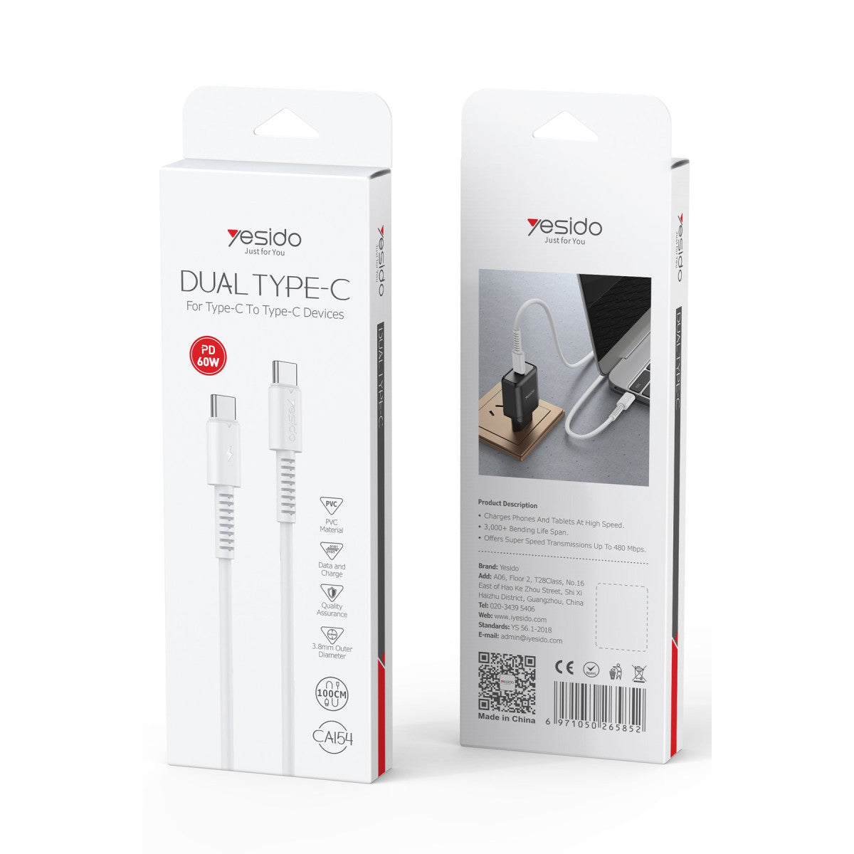 Yesido CA154 1M 60W Type-C to Type-C PD Hızlı Şarj Kablosu