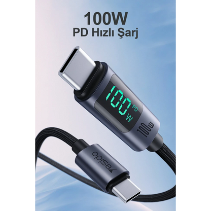 Yesido CA157 1.2M 27W Dijital Göstergeli Hasırlı Type-C to Lightning PD Hızlı Şarj Kablosu - Siyah