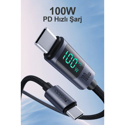 Yesido CA157 1.2M 27W Dijital Göstergeli Hasırlı Type-C to Lightning PD Hızlı Şarj Kablosu
