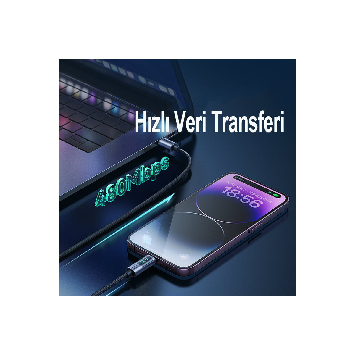 Yesido CA157 1.2M 27W Dijital Göstergeli Hasırlı Type-C to Lightning PD Hızlı Şarj Kablosu