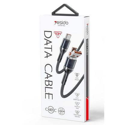 Yesido CA165C 1.2M 2in1 Bir Ucu USB ve Type-C to Type-C PD Hızlı Şarj Kablosu - Siyah