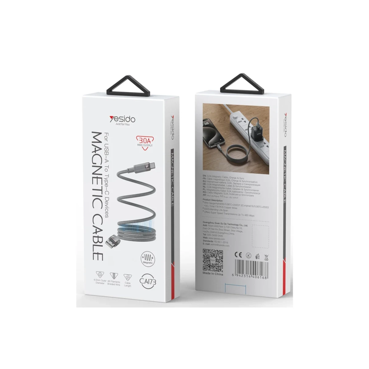 Yesido CA173 1M 60W USB to Type-C Manyetik Katlanma Özellikli PD Hızlı Şarj Kablosu - Gri
