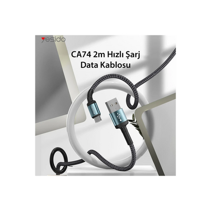 Yesido CA74 1.2M 2.4A Hasırlı Usb to Lightning Hızlı Şarj Kablosu - Siyah