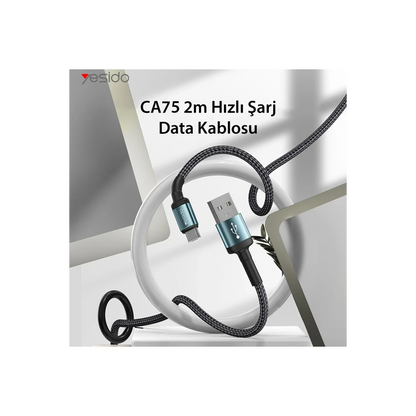 Yesido CA75 2M 2.4A Hasırlı Usb to Lightning Hızlı Şarj Kablosu - Siyah