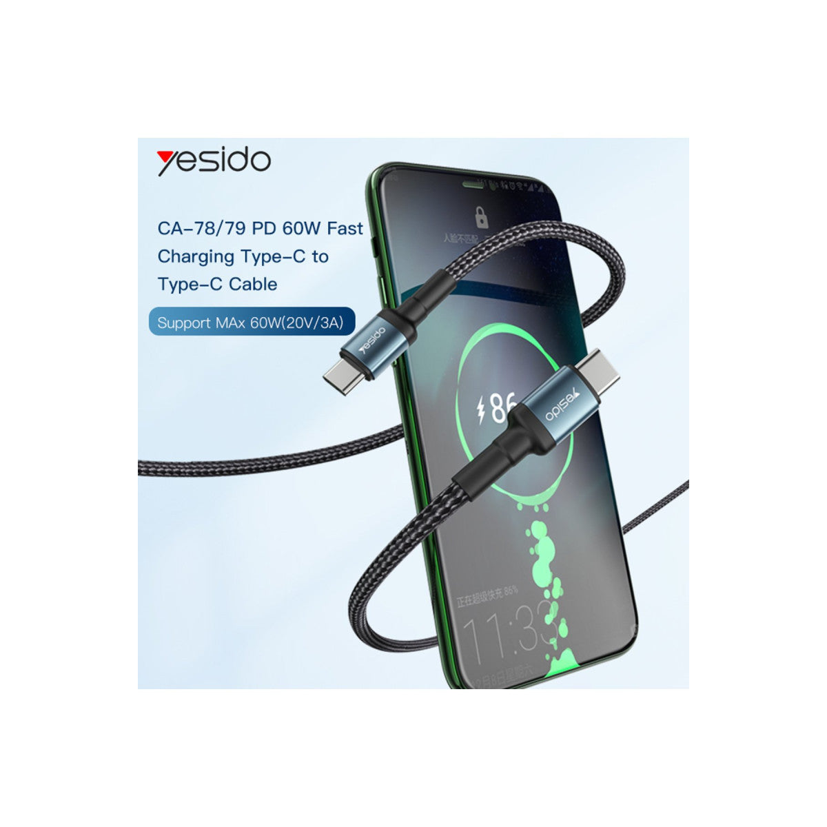 Yesido CA78 1.2M 60W Hasırlı Type-C to Type-C PD Hızlı Şarj Kablosu