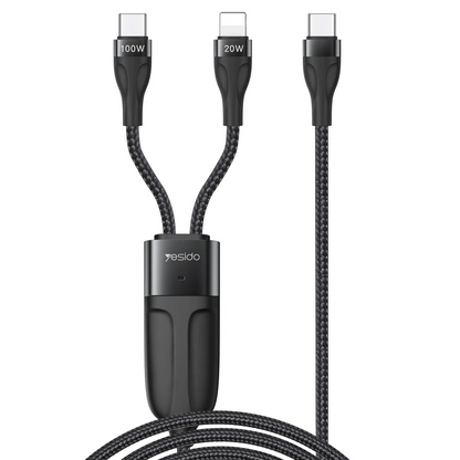 Yesido CA87 1.4M Type-C to 100W Type-C ve 20W Lightning Çift Çıkışlı 2in1 PD Hızlı Şarj Kablosu - Siyah